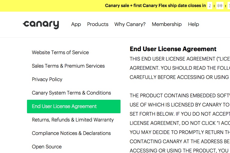 Screenshot of Canary License Agreement