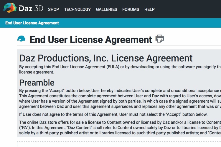 Screenshot of Daz3d License Agreement and