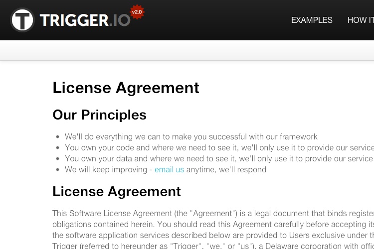 Screenshot of Trigger.io License Agreement
